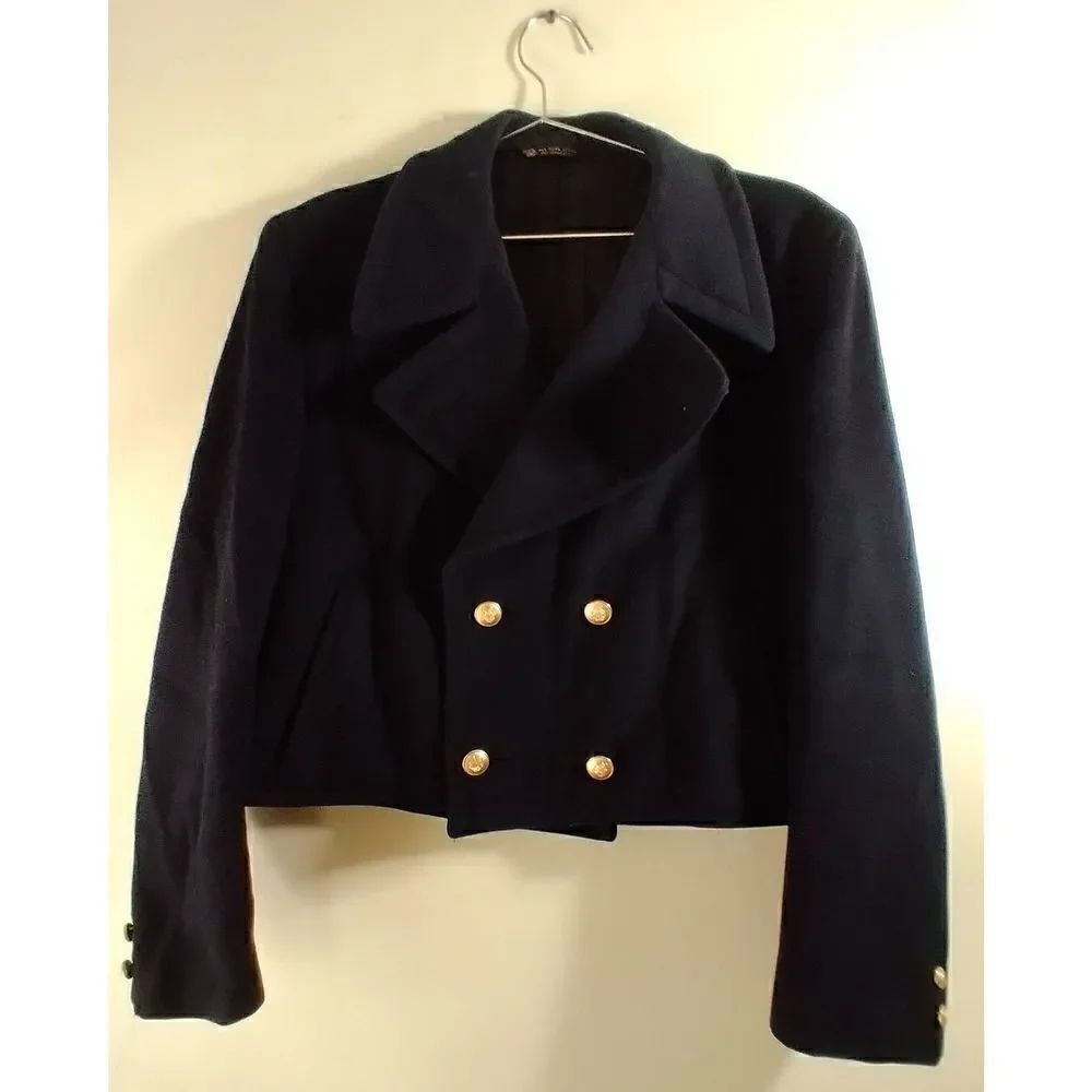 Vintage Wool Cropped Peacoat With Gold Buttons Plaid Lining Long Sleeved Medium